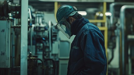 A man in a blue jacket and a green helmet is standing in a factory