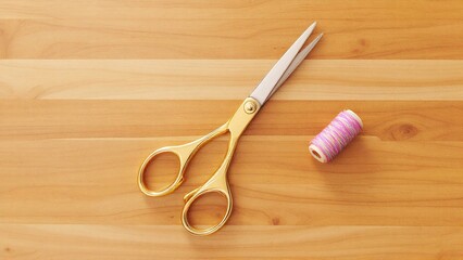 Golden Scissors and Pink Thread Spool on Wooden Surface, Minimalist Craft Supplies Photography pc, laptop wallpaper