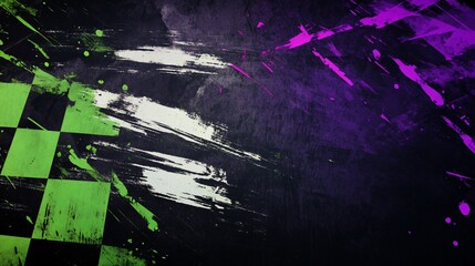 Fototapeta premium Abstract grunge background with checkered pattern and paint splatters.