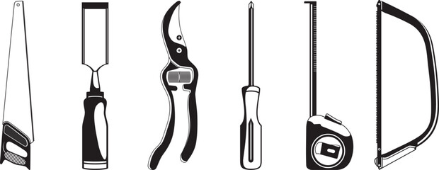 Set of hand tools illustration - saw, chisel, pruner, screwdriver, measuring tape, and hacksaw for DIY and repairs