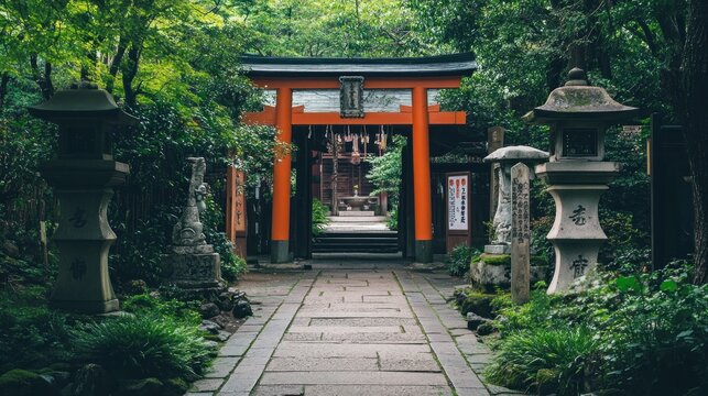Stone Lanterns and a Red Torii Gate in a Japanese Garden