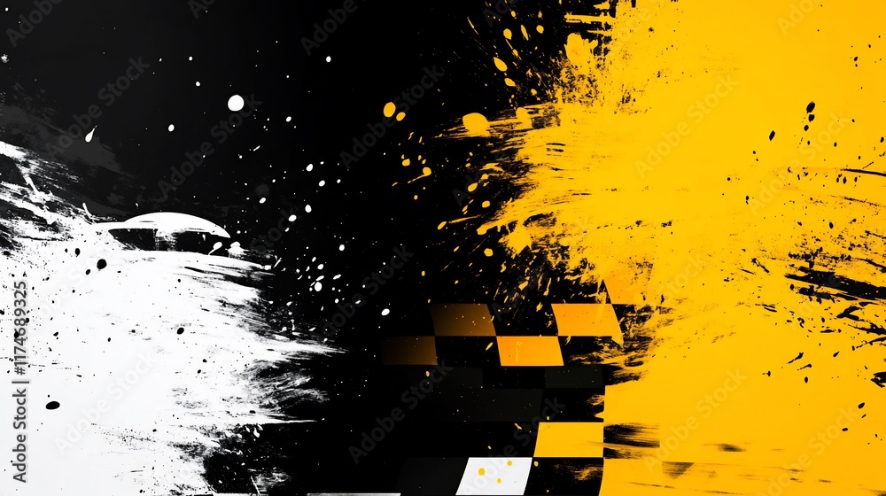 Poster Abstract design with black and yellow splatters and checkered pattern.