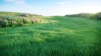 Obraz premium Beautiful Green Meadow with Wildflowers Under a Clear Blue Sky