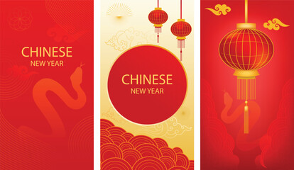 Naklejka premium Happy Chinese New Year cover background vector. Year of the dragon design with golden chinese lantern 3d and coin 3d. Elegant oriental illustration for cover, banner, website, calendar.