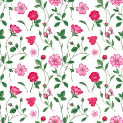 Delicate floral pattern with pink blooms and green leaves