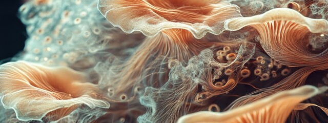 Realistic abstract details of spores dispersing and mycelium growth patterns illustrating nature's intricate ecosystem