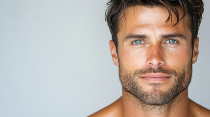 Naklejka premium Confident man with blue eyes and strong jawline, smiling softly