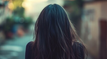 Young Woman with Long Hair, Showing Signs of Damage from the Back
