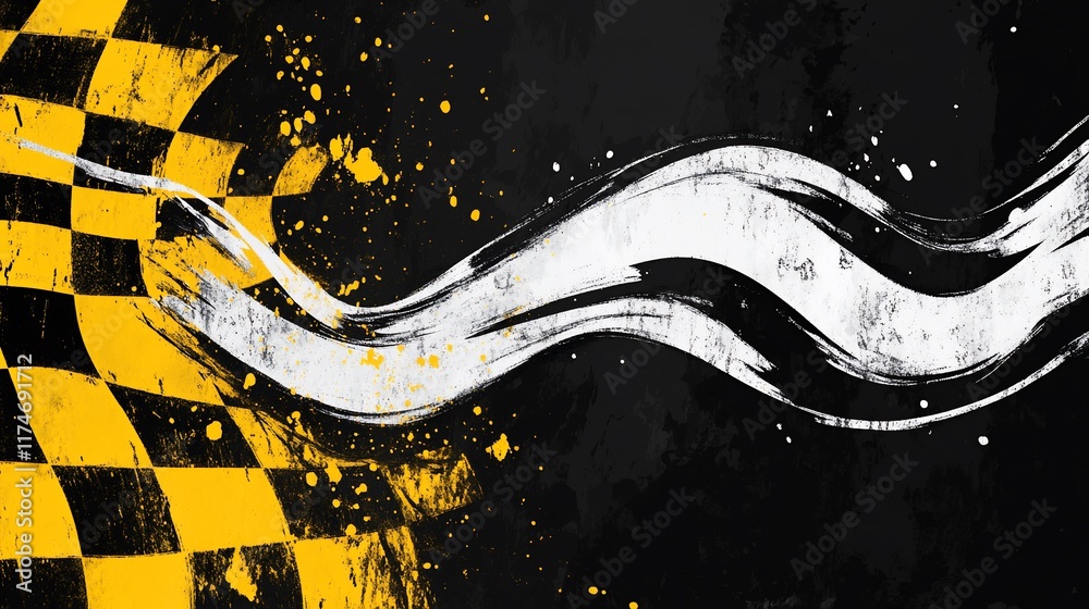 Poster abstract checkered flag background with grunge paint splatters.