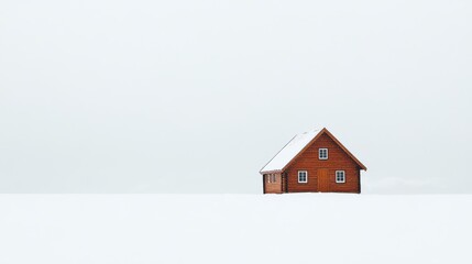 A minimalist winter scene featuring a solitary wooden cabin surrounded by an expanse of snow and a pale sky, conveying a sense of calm and isolation.