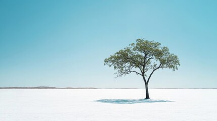 A lone tree stands on a vast, flat snow-covered plain under a clear blue sky, casting a crisp shadow.