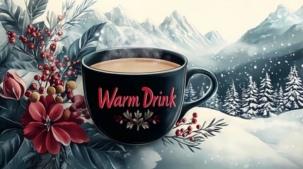 Coffee mug on a frosty table with snowflakes in the air, capturing the essence of winter, book illustration style