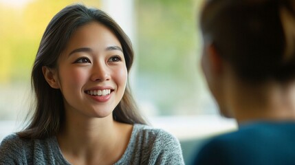 Happy Young Asian Woman Talking to Therapist in Mental Health Therapy