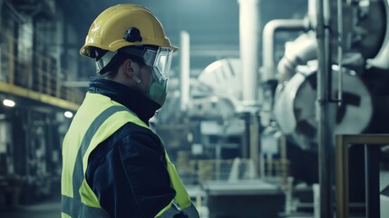 Fototapeta premium A man in a yellow vest and a hard hat is standing in a factory