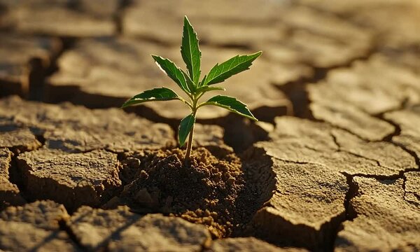 A tiny resilient seedling pushes through cracked, dry earth, symbolizing hope, survival, and the fight against drought and climate change. This powerful image conveys themes of perseverance