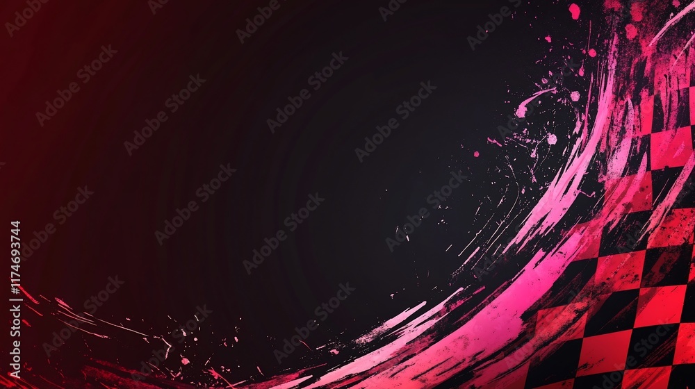 Poster abstract checkered flag design with vibrant pink brushstrokes on dark background.