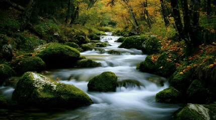 Obraz premium Serene River Valley with Red Rock Outcroppings and Autumnal Forest