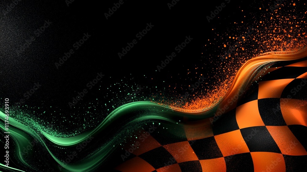 Poster abstract checkered flag design with motion blur and vibrant colors, suitable for racing or competiti