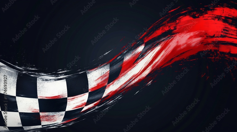 Poster Abstract checkered flag design with paint splatters on dark background.