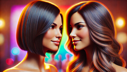 Obraz premium Two women with long hair are standing next to each other. One of them has a short haircut