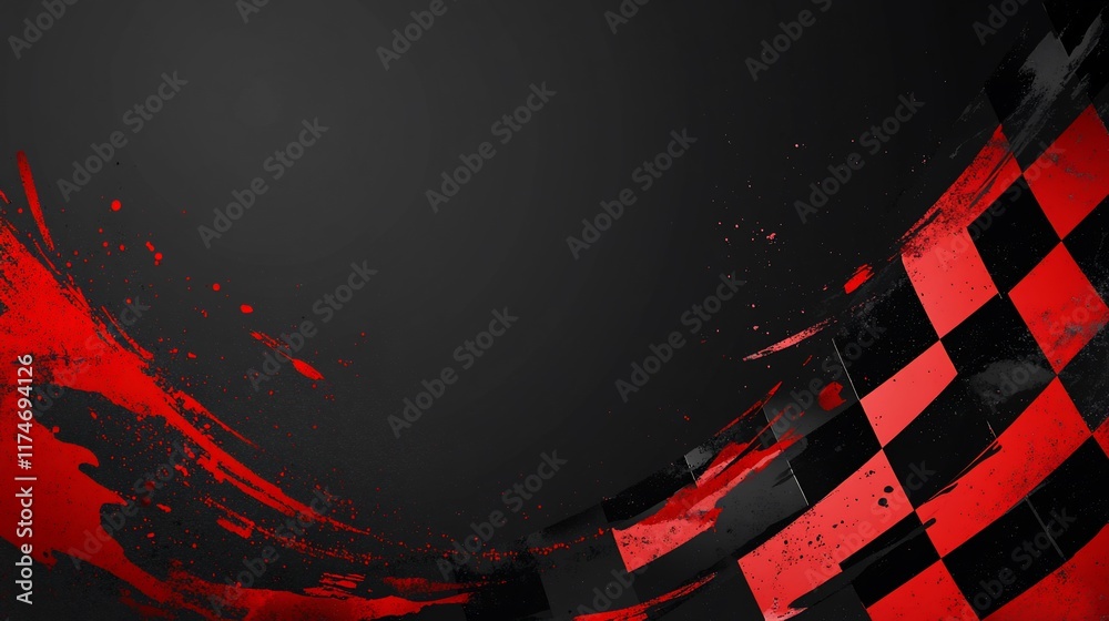 Poster Abstract checkered racing flag design with red and black paint splatter.