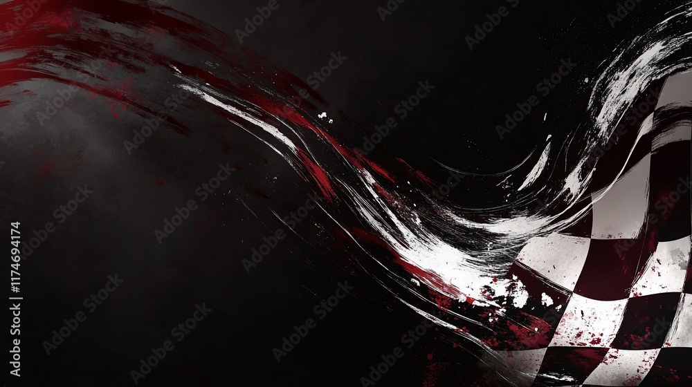 Aufkleber Checkered flag with dark background and dynamic, flowing lines, blood splatter effect.