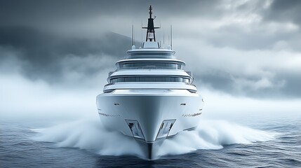 Majestic Luxury Yacht Sailing Through Misty Waters