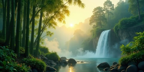 Serene Waterfall Cascading into a Tranquil Bamboo Forest at Sunrise