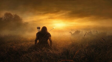 Warrior sunset, field, army, fog, fantasy, adventure, illustration, historical