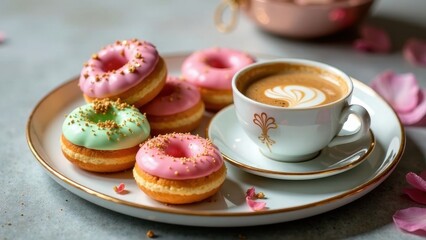 Delightful pastel donuts and a cup of aromatic coffee, adorned with delicate rose petals on an elegant plate