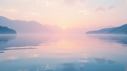 Fototapeta premium Serene Dawn Misty Mountains Reflecting on a Calm Lake's Surface at Sunrise