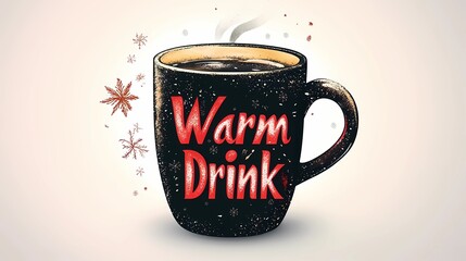 Cozy winter background with steaming coffee mug in snowy setting