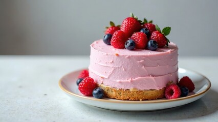 Delightful Pink Berry Cake on a Plate A Sweet Treat Featuring Fresh Raspberries, Strawberries, and Blueberries