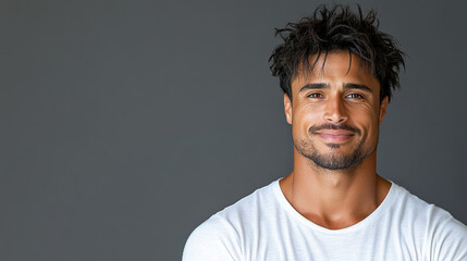 Obraz premium man with relaxed expression and tousled hair smiles warmly