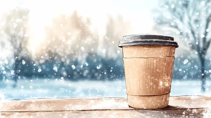 Naklejka premium Winter background with a steaming coffee mug on snow-covered ground, evoking warmth and comfort, perfect for seasonal designs, book illustration style