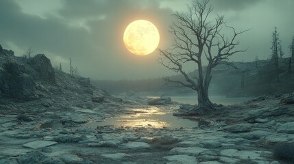 Desolate landscape with a barren tree under a large, yellow moon at night.