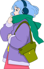 Cartoon Farewell Sticker Featuring a Girl in Scarf with Longing Gaze