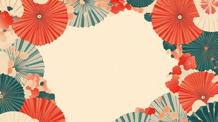 Obraz premium Decorative frame with traditional Japanese umbrellas and flowers.