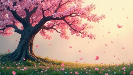 Fototapeta premium Serene Blossoms Falling Gently on a Spring Meadow Underneath a Majestic Pink Tree