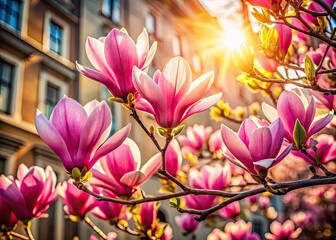 Fototapeta premium Urban spring blossoms: radiant pink magnolias in vibrant bloom.