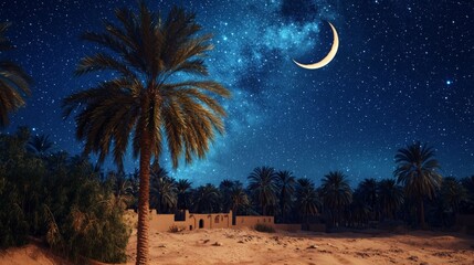 enchanting night scene featuring a Middle Eastern village, with a crescent moon and twinkling stars above, surrounded by palm trees swaying gently in the night breeze