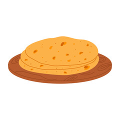 Flatbread on wooden board. Traditional Middle Eastern food. Hand drawn vector illustration