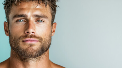 Obraz premium Strong jawline man with blue eyes and tousled hair, exuding confidence