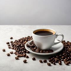 Obraz premium A Cup of Black Coffee with Roasted Beans on a White Background, Flat Lay Copy Space