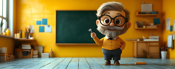 A cheerful cartoon character with glasses and a beard stands in a classroom, holding a key. The setting features a chalkboard and bookshelves.