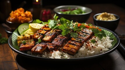 Fototapeta premium Delicious Grilled Tofu with Rice and Fresh Vegetables