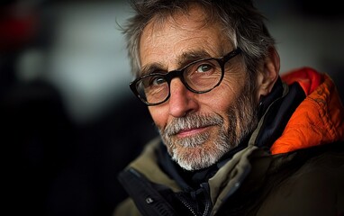 Obraz premium Close-up portrait of a mature man with glasses and stubble, wearing a jacket.