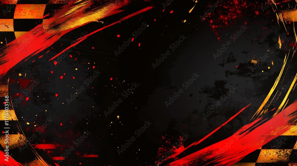 Poster Checkered flag background with dynamic red and gold brush strokes and grunge textures.