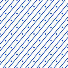 seamless pattern features diagonal blue lines and dots on a white background, creating a modern and stylish geometric design perfect for textiles and wallpapers