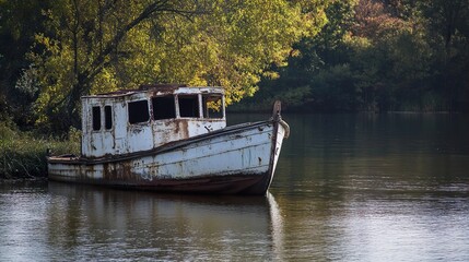 Fototapeta premium Rusty Boat on Calm Lake: Nature's Serene Embrace